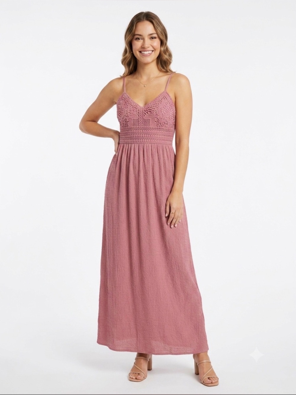 Derek Heart Pink Crochet Lace Maxi Dress Size M Boho Sleeveless Adjustable Strap